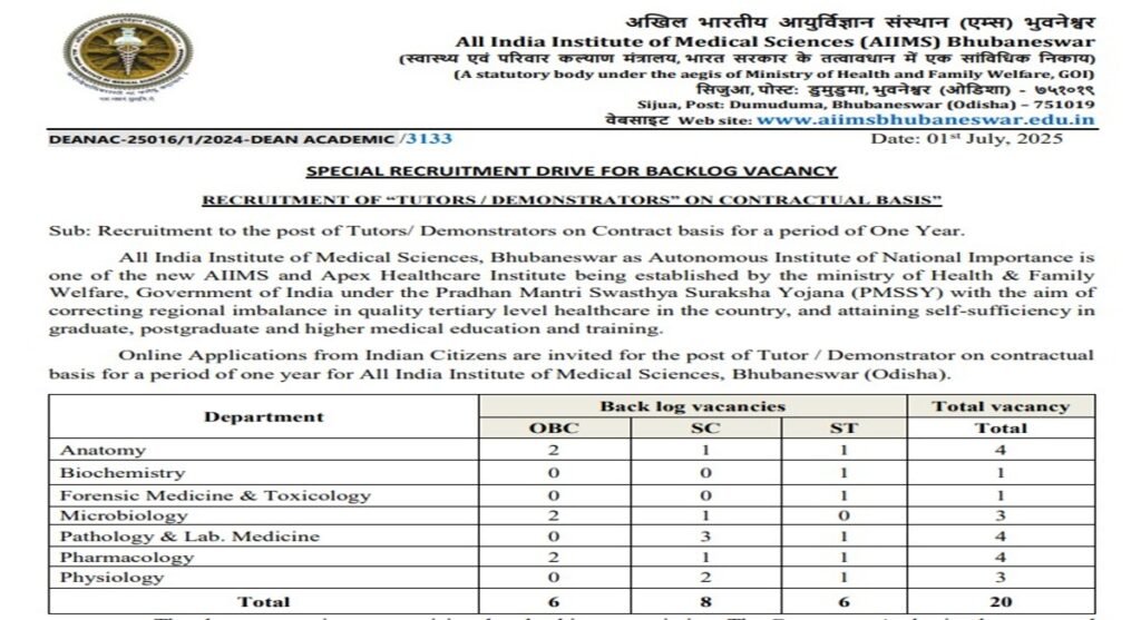 AIIMS Bhubaneswar Tutor Recruitment