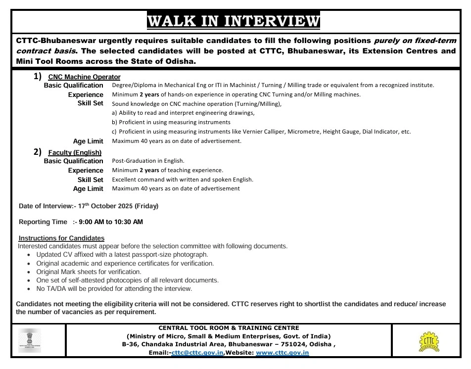 CTTC Bhubaneswar walk-in interview