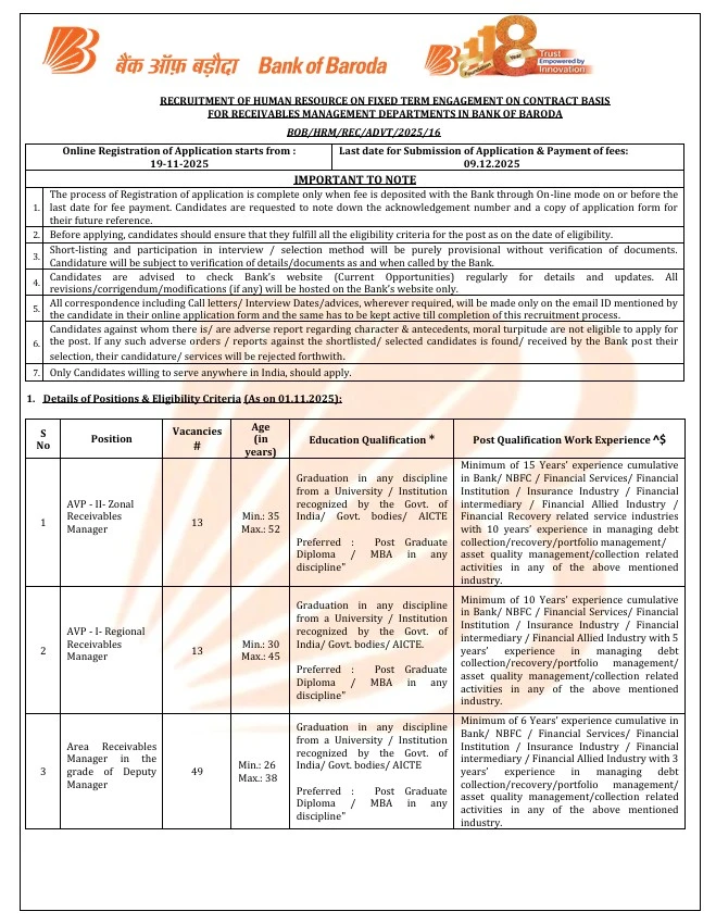 Bank of Baroda Manager Recruitment 