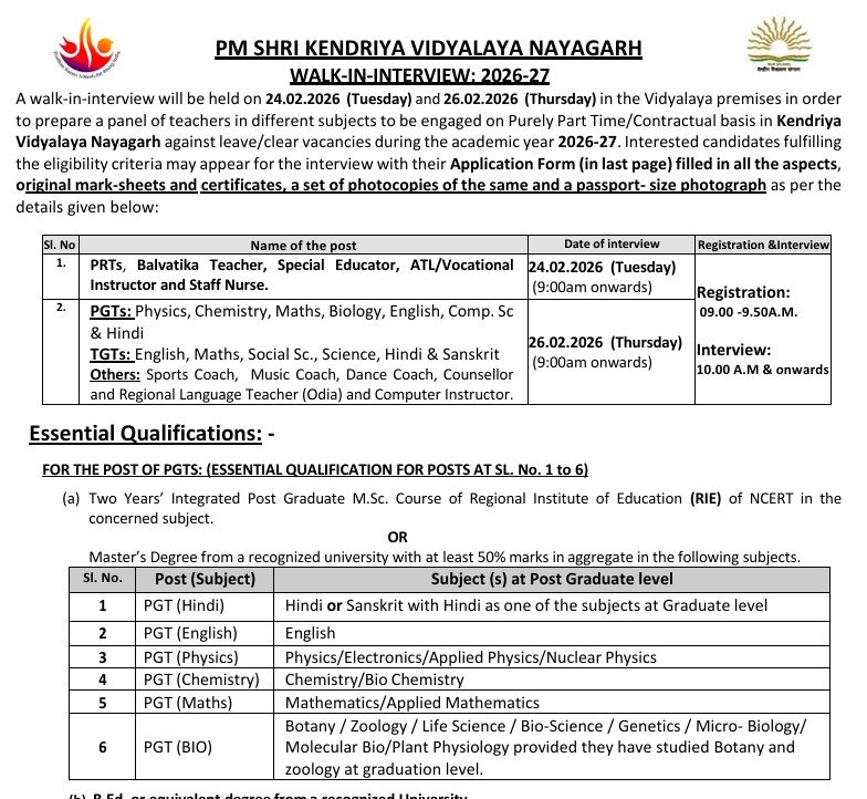 

KVS Nayagarh Recruitment