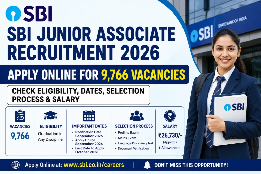 SBI Junior Associate Recruitment 2026 Apply Online for 9,766 Vacancies – Check Eligibility, Dates, Selection Process & Salary