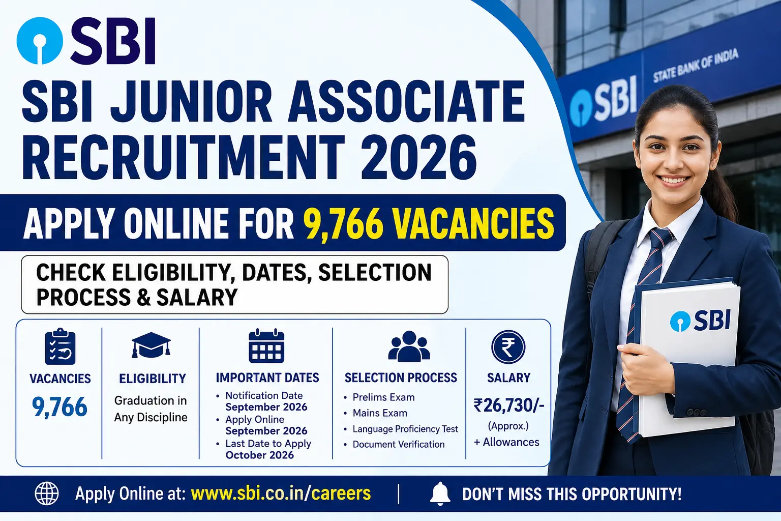 SBI Junior Associate Recruitment 2026 Apply Online for 9,766 Vacancies – Check Eligibility, Dates, Selection Process & Salary